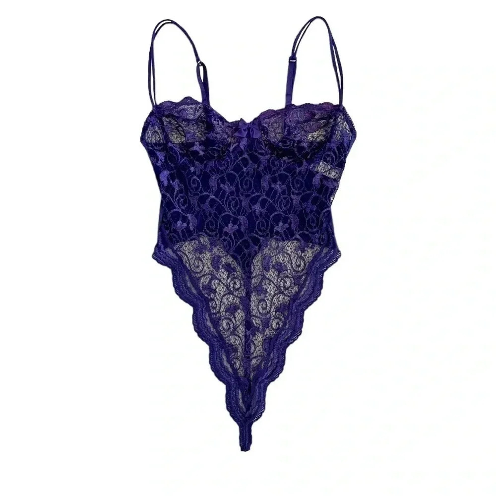 Vintage 80’s Purple Victoria’s Secret Lace Lingerie Bodysuit Size 34B